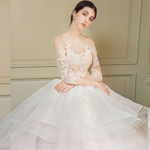 Chic / Beautiful Cascading Ruffles Wedding Dresses 2018 Ball Gown Lace Appliques Embroidered Scoop Neck Backless 3/4 Sleeve Royal Train Wedding