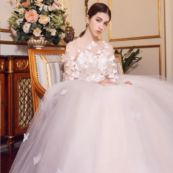 Chic / Beautiful Champagne Wedding Dresses 2018 Ball Gown Butterfly Scoop Neck Backless 1/2 Sleeves Royal Train Wedding