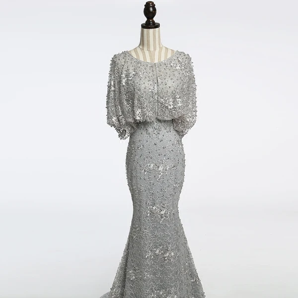 Chic / Beautiful Grey Evening Dresses 2018 Trumpet / Mermaid Beading Scoop Neck 1/2 Sleeves Sweep Train Formal Dresses