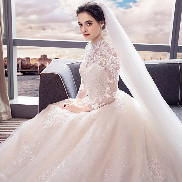 Chic / Beautiful Champagne Wedding Dresses 2018 Ball Gown Lace Appliques High Neck Backless Long Sleeve Cathedral Train Wedding