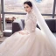 Chic / Beautiful Champagne Wedding Dresses 2018 Ball Gown Lace Appliques High Neck Backless Long Sleeve Cathedral Train Wedding
