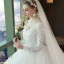 Chic / Belle Blanche Robe De Mariée 2018 Robe Boule En Dentelle Appliques Cristal Perlage V-Cou Dos Nu Manches Longues Cathedral Train Mariage