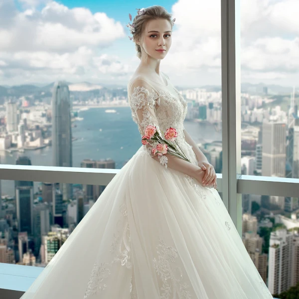 Chic / Beautiful White Wedding Dresses 2018 Ball Gown Lace Appliques Pearl Scoop Neck Backless 1/2 Sleeves Royal Train Wedding
