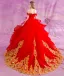 Chic / Belle Rouge Doré Volants en Cascade Robe De Mariée 2018 Robe Boule Appliques En Dentelle Cristal De l'épaule Dos Nu Sans Manches Cathedral Train Mariage