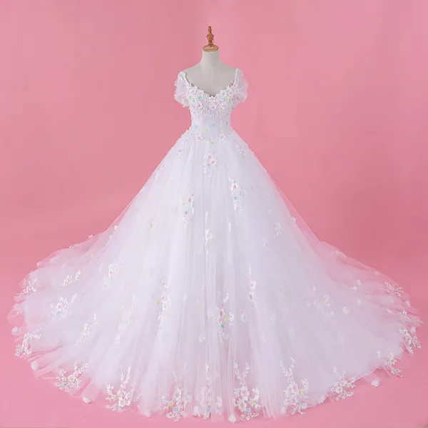 Chic / Beautiful White Wedding Dresses 2018 Ball Gown Multi-Colors Appliques Pearl Off-The-Shoulder Backless Sleeveless Cathedral Train Wedding