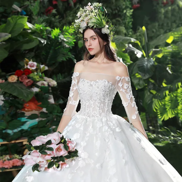 Chic / Beautiful White Wedding Dresses 2018 Ball Gown Lace Appliques Pearl Off-The-Shoulder Backless Short Sleeve Cathedral Train Wedding