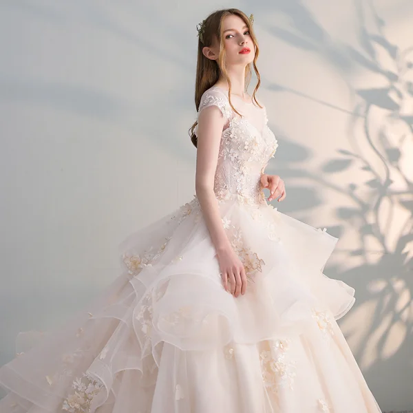 Chic / Beautiful Champagne Wedding Dresses 2018 Ball Gown Lace Appliques Pearl Sequins Scoop Neck Backless Cap Sleeves Cathedral Train Wedding