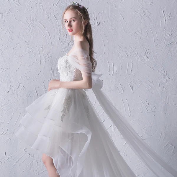 Chic / Beautiful White Beach Wedding Dresses 2018 Ball Gown Lace Appliques Bow Off-The-Shoulder Backless Sleeveless Asymmetrical Wedding