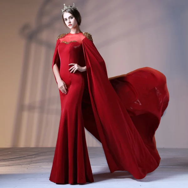 Amazing / Unique Burgundy Evening Dresses 2018 Trumpet / Mermaid Beading Sequins Scoop Neck Sleeveless Watteau Train Formal Dresses