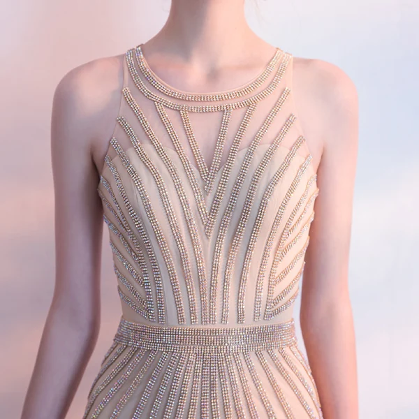 Luxury / Gorgeous Champagne Evening Dresses 2018 Trumpet / Mermaid Rhinestone Scoop Neck Sleeveless Sweep Train Formal Dresses