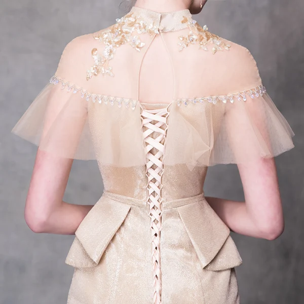 Chic / Belle Robe De Soirée 2018 Trompette / Sirène Appliques Cristal Col Haut Dos Nu Manches Courtes Longue Robe De Ceremonie