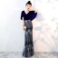Chic / Beautiful Navy Blue Evening Dresses  2018 Trumpet / Mermaid Glitter V-Neck Short Sleeve Floor-Length / Long Formal Dresses