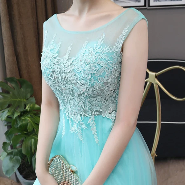 Chic / Beautiful Pool Blue Evening Dresses 2018 A-Line / Princess Lace Appliques Scoop Neck Backless Sleeveless Floor-Length / Long Formal Dresses