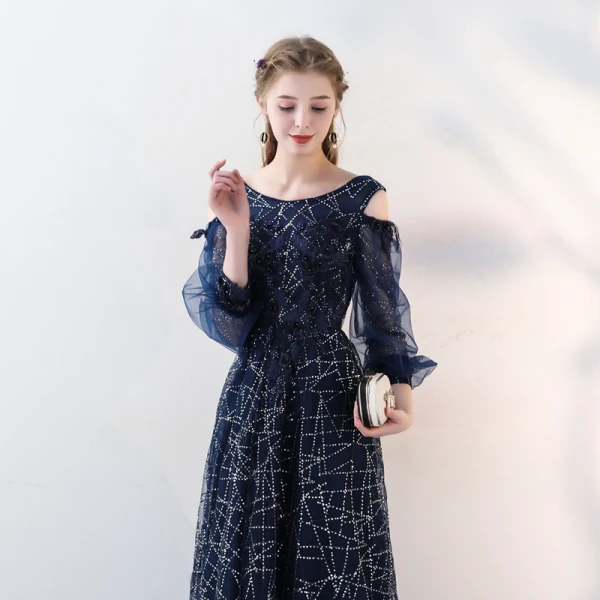 Chic / Belle Bleu Marine Robe De Soirée 2018 Princesse Dentelle Appliques Perlage Paillettes Encolure Dégagée Dos Nu Bustier 3/4 Manches Longue Robe De Ceremonie