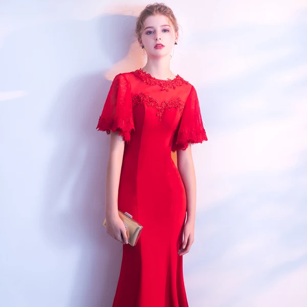 Chic / Beautiful Red Evening Dresses 2018 Trumpet / Mermaid Lace Appliques Sequins Scoop Neck 1/2 Sleeves Floor-Length / Long Formal Dresses
