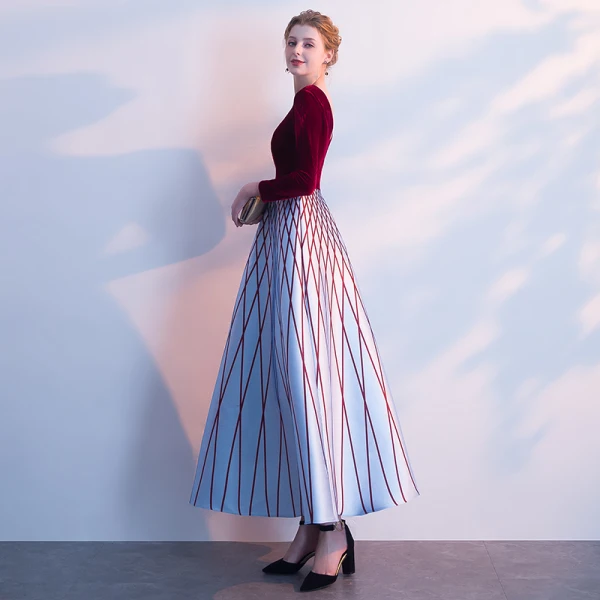 Chic / Belle Bordeaux Robe De Soirée 2018 Princesse Rayé V-Cou Manches Longues Longueur Cheville Robe De Ceremonie