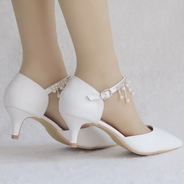 Chic / Beautiful White Wedding Shoes 2018 Pearl Rhinestone Tassel 5 cm Stiletto Heels Pointed Toe Wedding High Heels