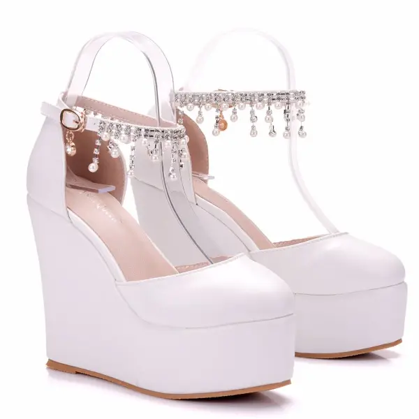 Modern / Fashion White Casual Womens Shoes 2018 Pearl Rhinestone Tassel Platform 11 cm Wedges Round Toe