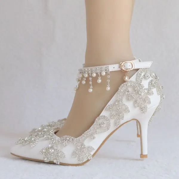 Elegant White Wedding Shoes 2018 Rhinestone Pearl Tassel 8 cm Stiletto Heels Pointed Toe Wedding High Heels