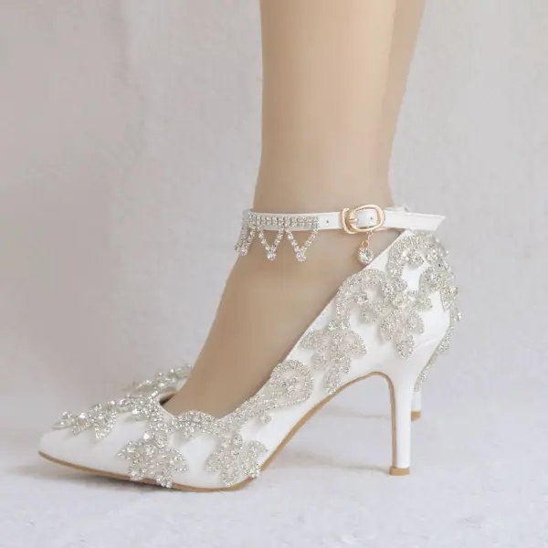 Mode Vita Brudskor 2018 Rhinestone 8 cm Stilettklackar Spetsiga Bröllop Högklackade