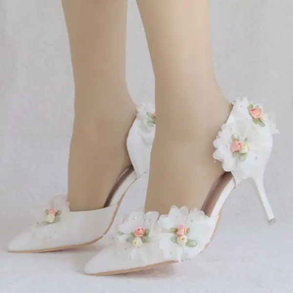 Elegant White Wedding Shoes 2018 Appliques Rhinestone 8 cm Stiletto Heels Pointed Toe Wedding High Heels