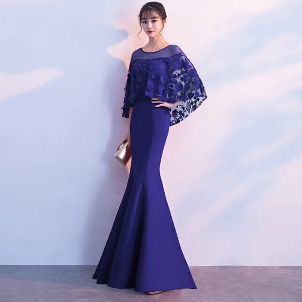 Élégant Robe De Soirée 2018 Trompette / Sirène En Dentelle Fleur Avec Châle Encolure Dégagée Longue Robe De Ceremonie