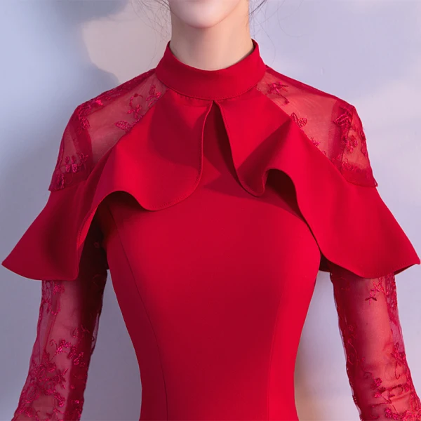 Chic / Beautiful Red Evening Dresses  2018 Empire Lace Flower High Neck Long Sleeve Floor-Length / Long Formal Dresses