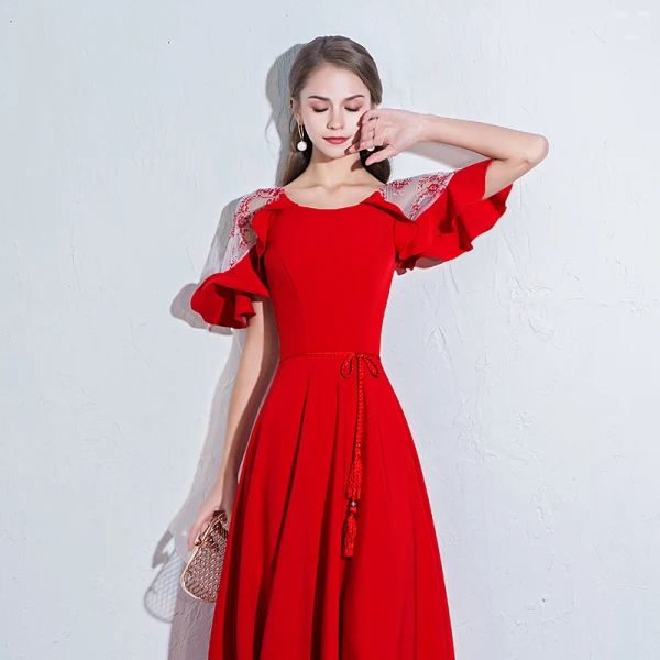 Chic / Beautiful Red Evening Dresses 2018 A-Line / Princess Sash Scoop Neck See-through 1/2 Sleeves Floor-Length / Long Formal Dresses