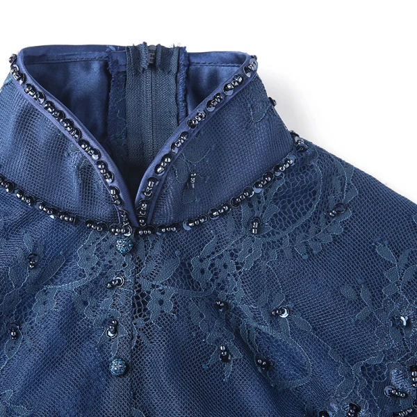 Style Chinois Bleu Marine Robe De Soirée 2018 Princesse Perlage Paillettes Noeud Col Haut 3/4 Manches Longueur Cheville Robe De Ceremonie