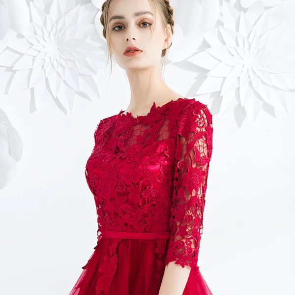 Chic / Beautiful Burgundy Homecoming Graduation Dresses 2018 A-Line / Princess Lace Appliques Sash Scoop Neck Backless 3/4 Sleeve Short Formal Dresses
