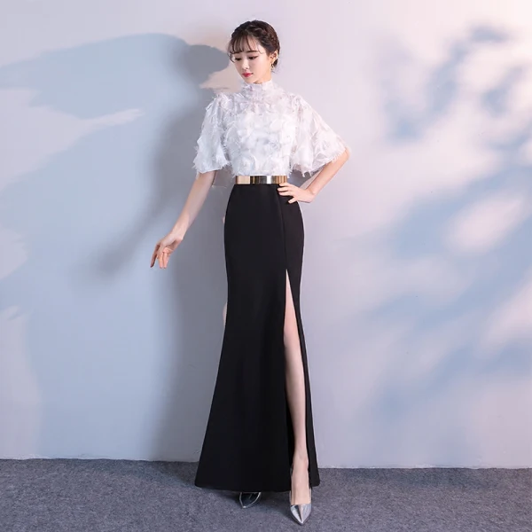 Chic / Beautiful Evening Dresses 2018 Empire Metal Sash Lace Tassel High Neck 1/2 Sleeves Floor-Length / Long Formal Dresses