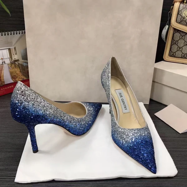 Scintillantes Océan Bleu Soirée Paillettes Escarpins 2021 Cuir 8 cm Talons Aiguilles À Bout Pointu Escarpins Talons Hauts