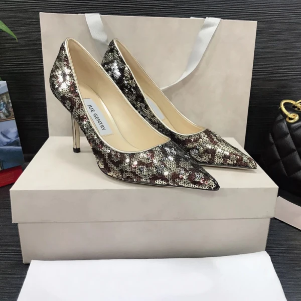 Charming Gold Sequins Evening Party Pumps 2021 Leather 8 cm Stiletto Heels Pointed Toe Pumps High Heels