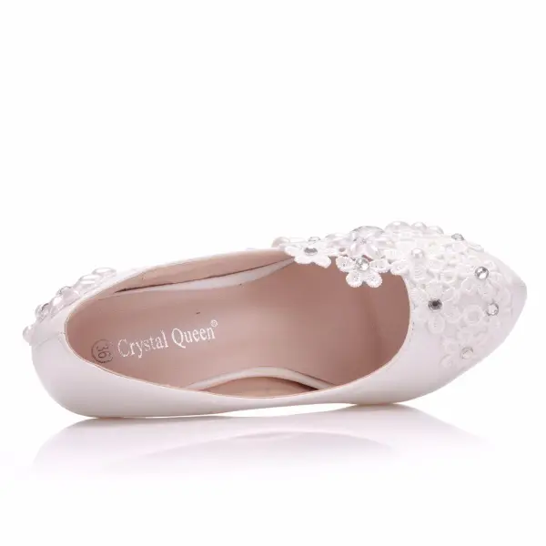 Chic / Beautiful White Wedding Shoes 2018 Lace Pearl Rhinestone 11 cm Stiletto Heels Round Toe Wedding Pumps
