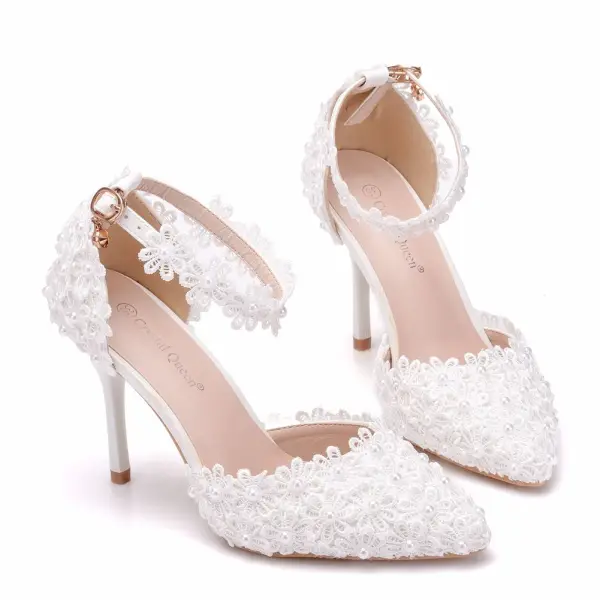 Chic / Beautiful Black Wedding Shoes 2018 Pearl Lace Ankle Strap 9 cm Stiletto Heels Pointed Toe Wedding High Heels