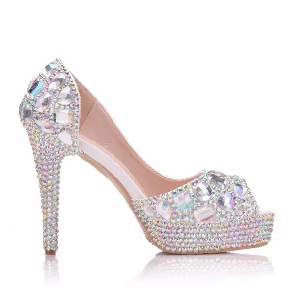 Amazing / Unique Silver Wedding Shoes 2018 Crystal 11 cm Stiletto Heels Open / Peep Toe Wedding High Heels