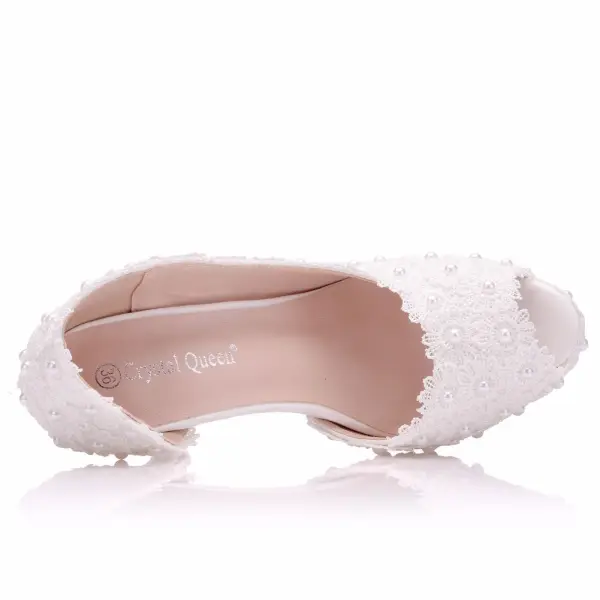 Chic / Beautiful White Wedding Shoes 2018 Lace Pearl 11 cm Thick Heels Open / Peep Toe Wedding High Heels