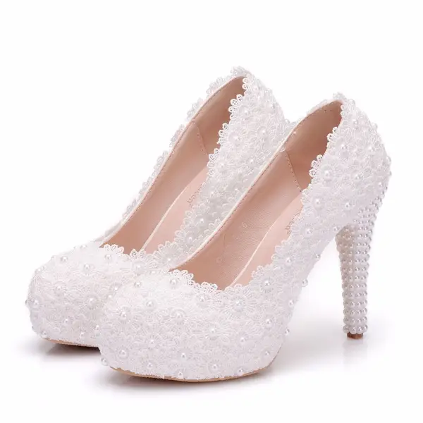 Chic / Beautiful White Wedding Shoes 2018 Lace Pearl 11 cm Stiletto Heels Round Toe Wedding Pumps