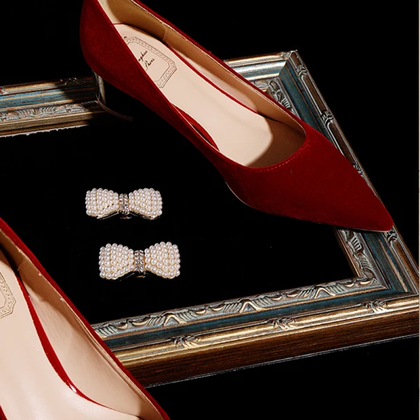 Elegant Red Pearl Bow Wedding Shoes 2021 5 cm Thick Heels Block Heels Pointed Toe Wedding Pumps High Heels