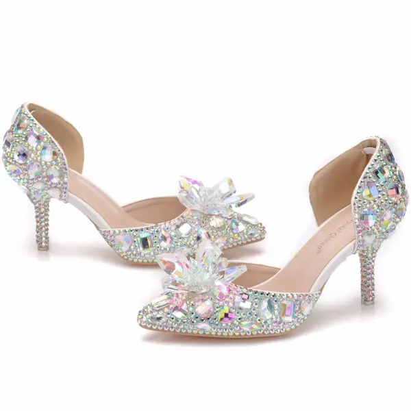 Unika Silver Brudskor 2018 Kristall Rhinestone 7 cm Stilettklackar Spetsiga Bröllop Högklackade