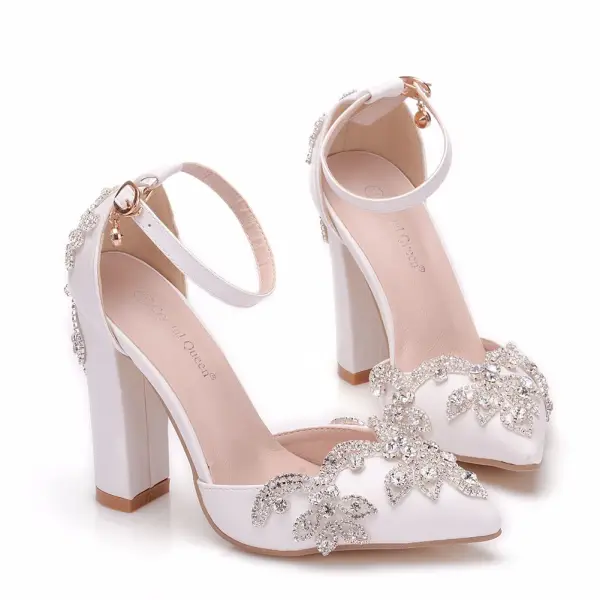 Modern / Fashion White Wedding Shoes 2018 Rhinestone Ankle Strap 10 cm Thick Heels Pointed Toe Wedding High Heels