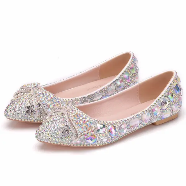 Scintillantes Argenté Chaussure De Mariée 2018 Cristal Faux Diamant À Bout Pointu Plate Mariage