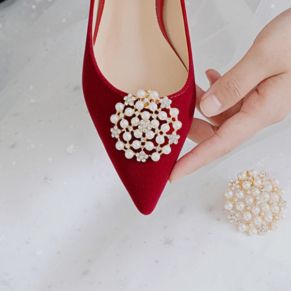 Elegant Red Wedding Shoes 2021 Pearl 5 cm Thick Heels Block Heels Pointed Toe Wedding Pumps High Heels
