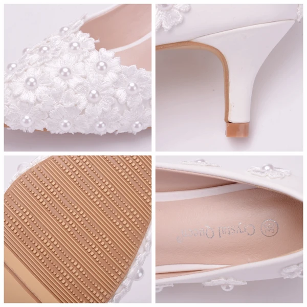 Chic / Beautiful White Wedding Shoes 2018 Lace Flower Pearl 5 cm Stiletto Heels Pointed Toe Wedding Pumps