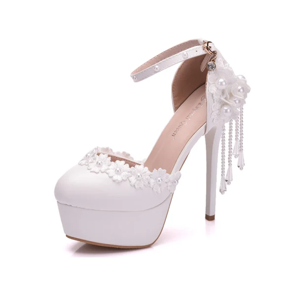 Modern / Fashion White Wedding Shoes 2018 Lace Flower Ankle Strap Pearl Tassel 14 cm Stiletto Heels Round Toe Wedding High Heels