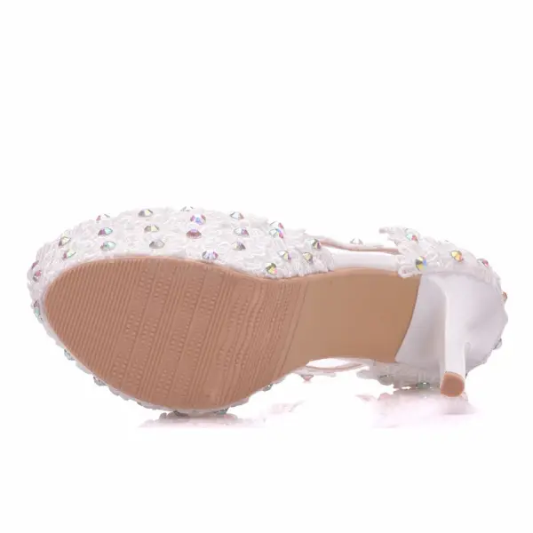 Modern / Fashion White Wedding Shoes 2018 Lace Flower Rhinestone Ankle Strap 14 cm Stiletto Heels Round Toe Wedding High Heels
