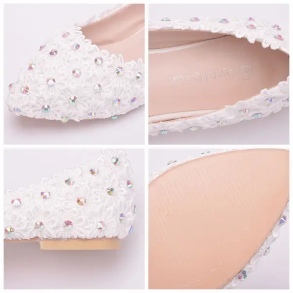 Chic / Beautiful White Wedding Shoes 2018 Lace Flower Rhinestone Pointed Toe Wedding Flat