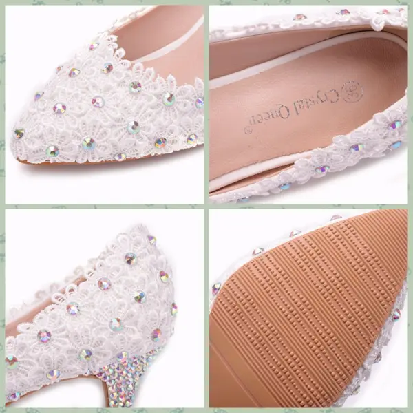 Chic / Beautiful White Wedding Shoes 2018 Lace Flower Rhinestone 5 cm Stiletto Heels Pointed Toe Wedding Pumps