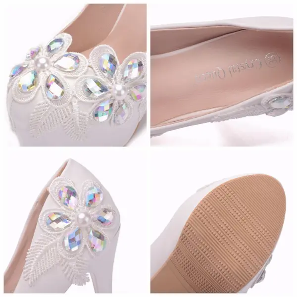 Mote Hvit Brudesko 2018 Blonder Krystall 14 cm Stiletthæler Rund Tå Bryllup Pumps