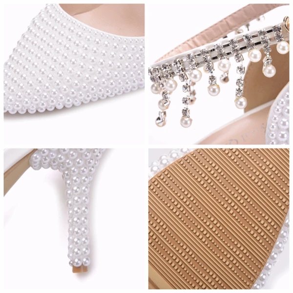 Charmant Blanche Chaussure De Mariée 2018 Perle Faux Diamant Gland 9 cm Talons Aiguilles Bride Cheville À Bout Pointu Mariage Talons Hauts
